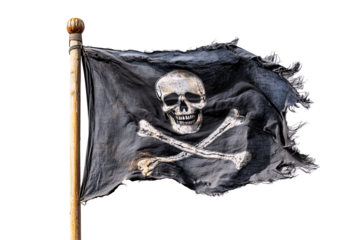 Tattered jolly roger pirate flag waving on wooden pole isolated on transparent background