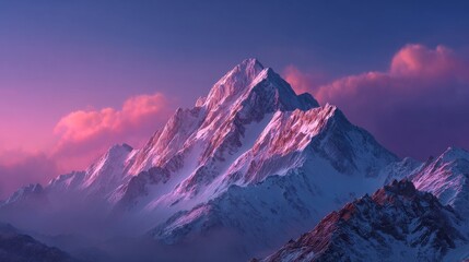 Majestic Mountain Range: Capturing the serenity of the mountains, this image shows a snowy peak painted with the hues of twilight, a serene landscape that invokes awe. 