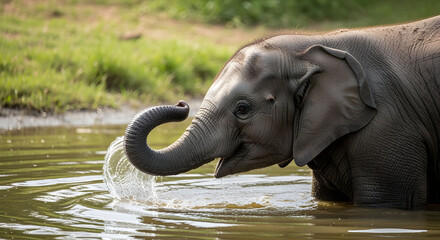Young Asian Elephant Playing in Water