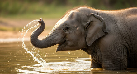 Young Asian Elephant Joyfully Splashing Water with its Trunk in a Sunny Natural Habitat