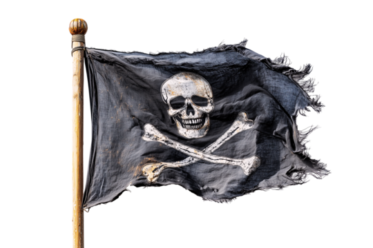 Tattered jolly roger pirate flag waving on wooden pole isolated on transparent background