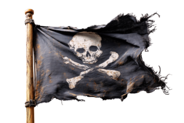 Tattered pirate flag with skull and crossbones isolated on transparent background