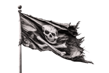 Tattered pirate flag with skull and crossbones isolated on transparent background