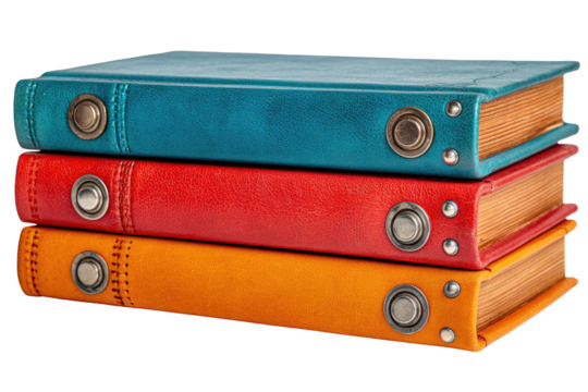 Stacked colorful leather-bound books