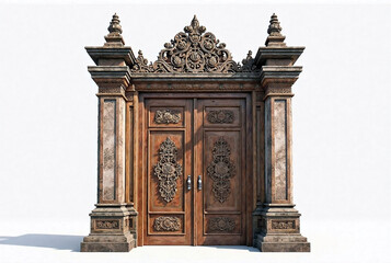 Fototapeta premium Traditional Carved Wooden Gate with Ornate Stone Pillars Isolated on White Background