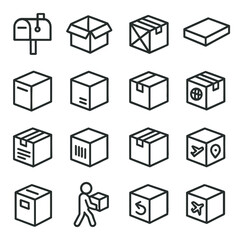 Shipping linear icons set: mailbox, box, packing, delivery, logistics, cargo, parcel, freight, dispatch, transport.