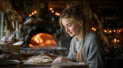 Obraz premium Woman prepares dough on table for baking bread in rustic kitchen with wood-fired oven. Off-grid living, self-sufficiency concept.
