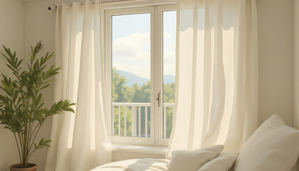 Window with White Curtain and Plant