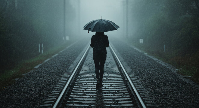 Background woman walking in rain on railroad tracks with umbrella in fog a moody travel photography scene