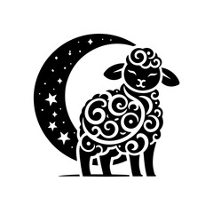 Fototapeta premium Stylized Sheep Silhouette Under Crescent Moon with Stars.