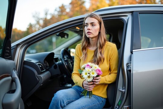 Stressed Woman on the Phone with Roadside Assistance, Sitting in Broken-Down Car with Wilting Bouquet