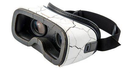 A white and black vr headset with a cracked pattern is isolated on transparent background