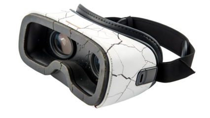 A white and black vr headset with a cracked pattern is isolated on transparent background