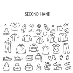 Second hand clothing and footwear icons. Give your clothes a second life. Second hand clothing. Trade bazaar. Rare items. Stylish finds