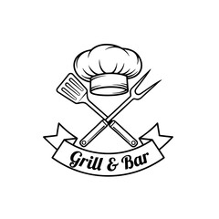 Bar and Grill Logo With Chef Hat, Crossed Tools, and Retro Script, Black Outline Only