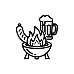Simple and Bold Bar and Grill Logo Featuring Fire Pit, Sausage, and Beer Mug, Line Art Style
