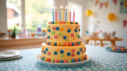 Colorful birthday cake with candles on a table decorated with party supplies.