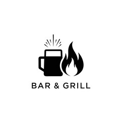 Minimalist Bar and Grill Logo With Beer Mug and Flame Icon, Monochrome Black Design