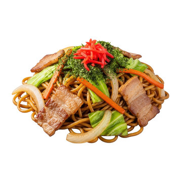 Authentic Japanese Yakisoba with glossy noodles, pork, cabbage, carrots, onion, yakisoba sauce, aonori, and benishoga, on seamless transparent background. Commercial food concept