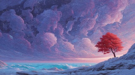 A lone vibrant red-leafed tree stands before a swirling pink and purple sky over snow-capped peaks