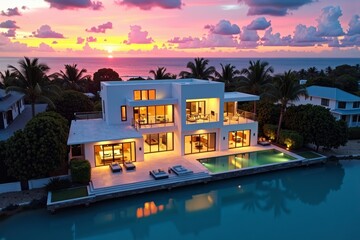 Sunset Drone Footage of Beachfront Luxury Property, Virtual Reality Tour of Interior Design