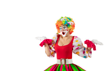 Confused female clown shrugging shoulders in bewilderment, doubting and feeling uncertain, don't...