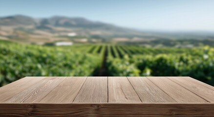 Rustic wooden table overlooks rolling vineyard hills with perfectly aligned grape vine rows