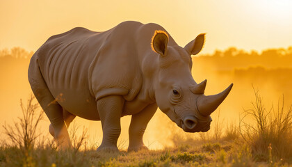 Fototapeta premium Rhinoceros standing in golden light in natural grassland habitat 