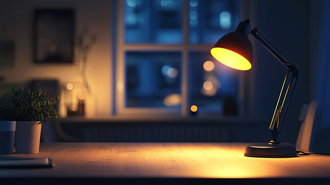 Desk lamp illuminating a cozy workspace at night, with soft light casting shadows on a wooden table, creating a warm and inviting atmosphere for productivity and creativity