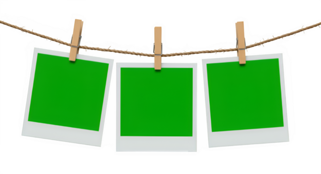 Three blank Chroma key Green format Polaroid photo frames clipped to a rope with wooden pegs, isolated on white or transparent background. PNG