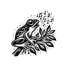 Artistic Frog Singing on Branch with Musical Notes.