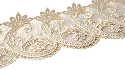 Isolated on transparent background, a closeup of delicate floral lace fabric showcasing intricate patterns and elegant design details