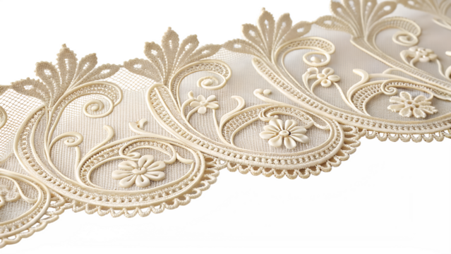 Isolated on transparent background, a closeup of delicate floral lace fabric showcasing intricate patterns and elegant design details