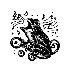 Singing Frog with Musical Notes and Swirls.