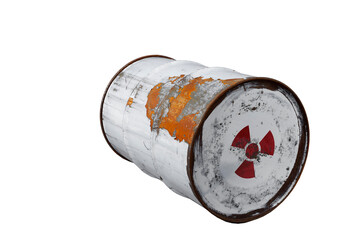 White or gray dirty barrel with radioactive waste. Nuclear warning sign. Rusty dangerous barrel...