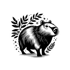 Stylized Black and White Capybara Illustration with Leaves.