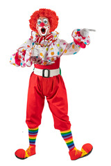 Surprised clown pointing at blank template copy spase for advertising, posters, greetings, invitations. Entertainer as Joker in a suit and wig, with clown whiteface makeup.