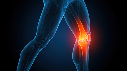 Knee Pain and Inflammation – X-ray of Human Knee Knee Joint with Red (Orange) Highlight. Blue glowing lines on Dark Blue background 3D render medical illustration