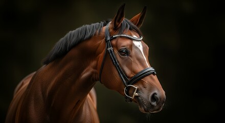Obraz premium Elegant Chestnut Horse with Bridle Against Dark Backdrop, Striking Portrait
