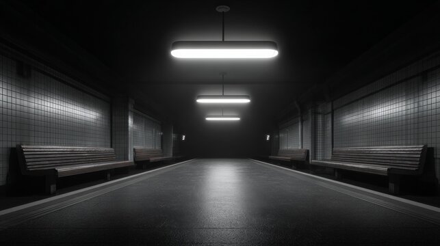 Subway Tunnel: A foreboding, dimly lit subway tunnel, illuminated by a series of overhead fluorescent lights, showcasing a sense of mystery. 