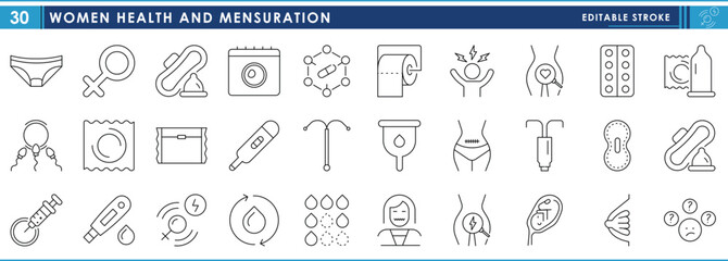 A set of line icons related to Women Health. Women, health, mensuration, cycle, pad, gynecology, medicine, mood, and so on. Vector editable stroke.