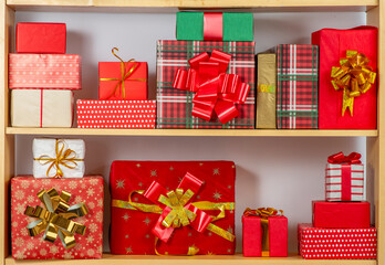 Christmas, New Year gift boxes for holidays promotions. Red, green, checkered and polka dot...