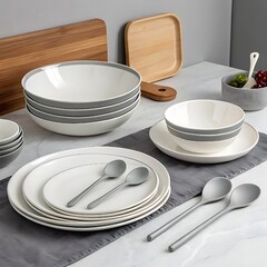 A stylish kitchen scene featuring stackable white and gray ceramic bowls, sleek plates, and matching spoons&mdash;perfect for elevating a contemporary home dining experience.