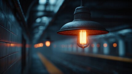 Subway's Industrial Luminescence: A vintage-style pendant lamp emits a warm, inviting glow within the stark industrial interior of an empty subway station.