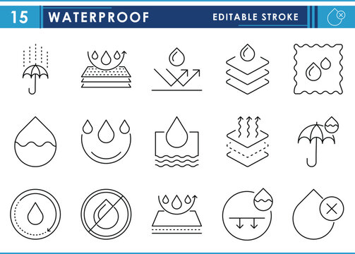 A set of line icons related to Waterproof. Water, fabric, cloth, umbrella, and so on. Vector editable stroke.