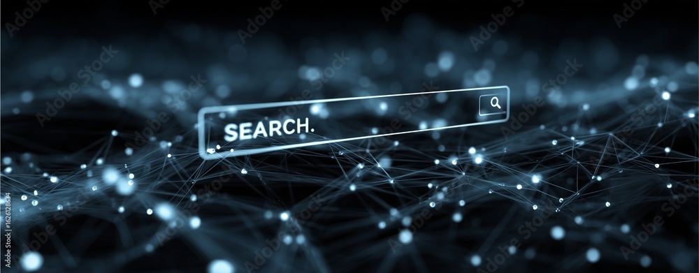 Aufkleber digital search bar: a futuristic depiction of a digital search bar suspended against a backdrop of i