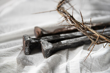 Crown of Thorns and Holy Nails associated with the Passion of Jesus Christ. Symbol of the...