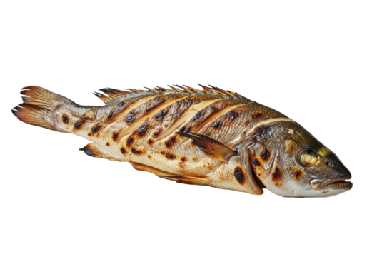 Whole, perfectly grilled Branzino fish with crispy golden-brown skin, char marks, and flaky texture, on a minimalist transparent studio background, concept of gourmet culinary perfection