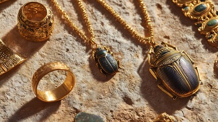 Top down view of ancient Egyptian gold jewelry including ornate necklaces rings scarab amulets laid on textured sandstone background with soft desert lighting and historic ambiance