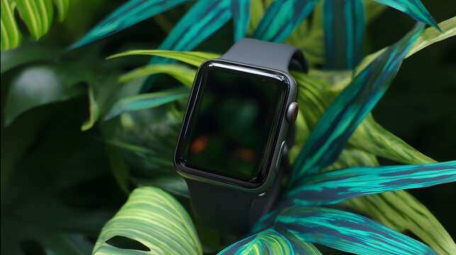 Modern Smartwatch Displayed on Lush Vibrant Foliage Close up